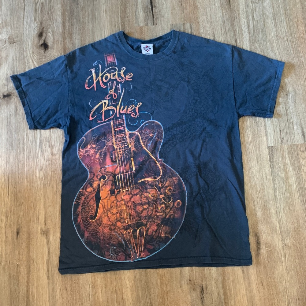 Vintage 2000s Dragon "House of Blues" t-shirt in navy orange - size large mens